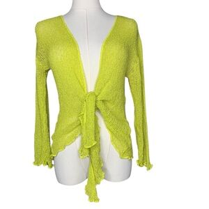 VTG 90s Neon Yellow Lettuce Hem Front Tie Knit Cardigan Lightweight Layering